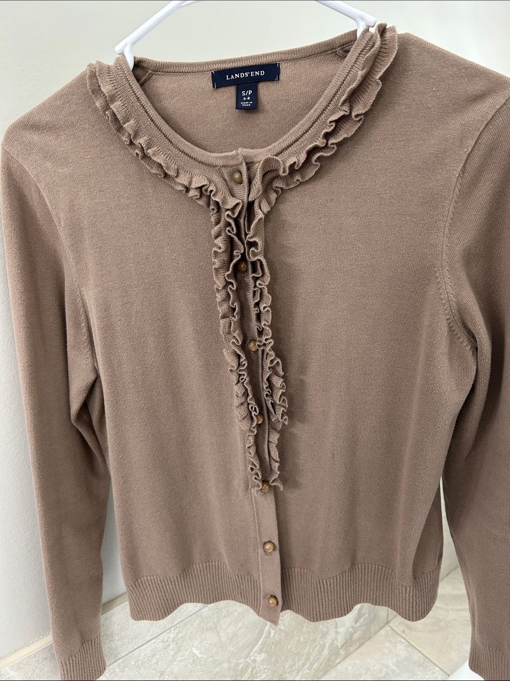 Lands' End Ruffle-Trim Button Front Cardigan in Taupe